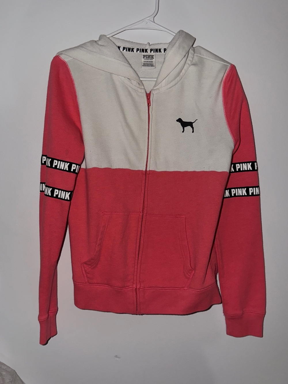 PINK Victoria's Secret Two-Tone Pink & White Zip Hoodie with Dog Logo
